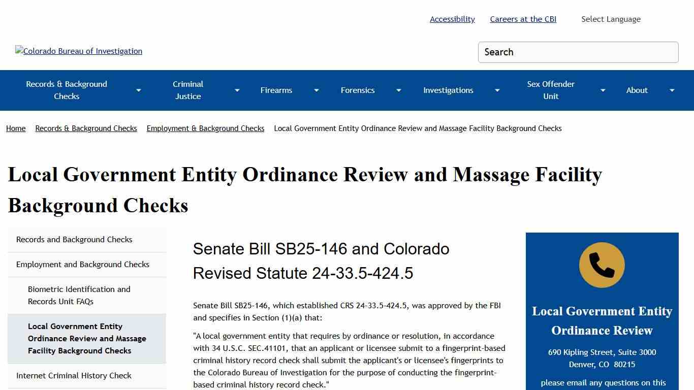 Local Government Entity Ordinance Review and Massage Facility Background Checks Colorado Bureau of Investigation
