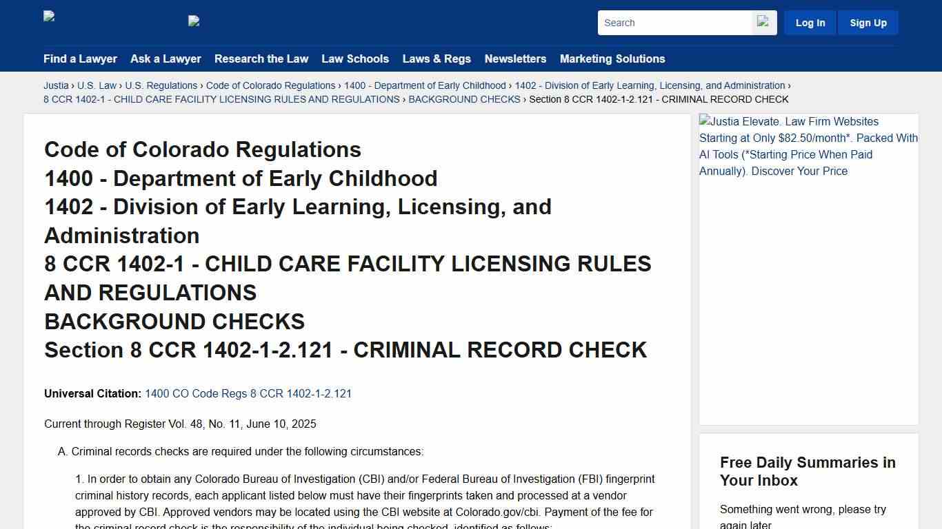 Code of Colorado Regulations, , Section 8 CCR 1402-1-2.121 - CRIMINAL RECORD CHECK Code of Colorado Regulations Justia