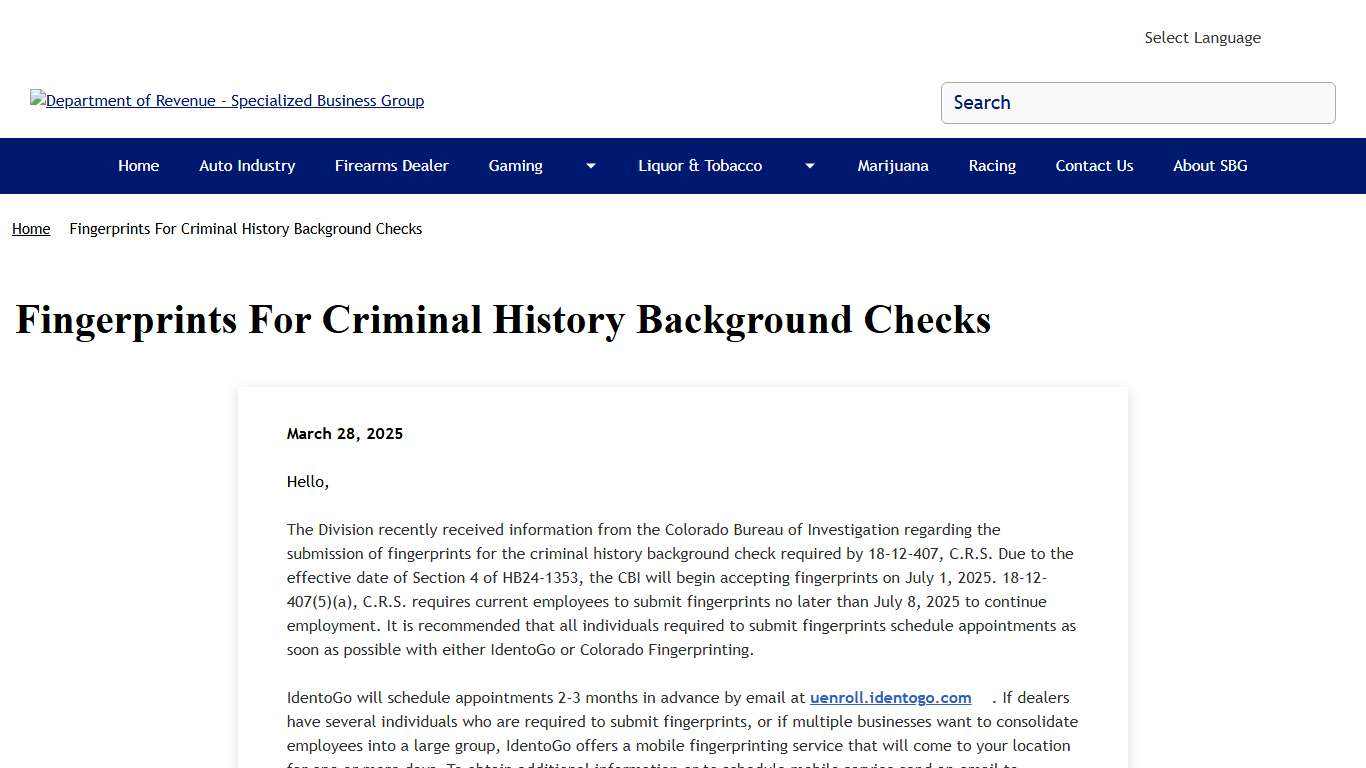 Fingerprints For Criminal History Background Checks Department of Revenue - Specialized Business Group